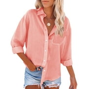 Siliteelon Womens Button Down Shirts Long Sleeve V Neck Cotton Blouse Tops with Pocket